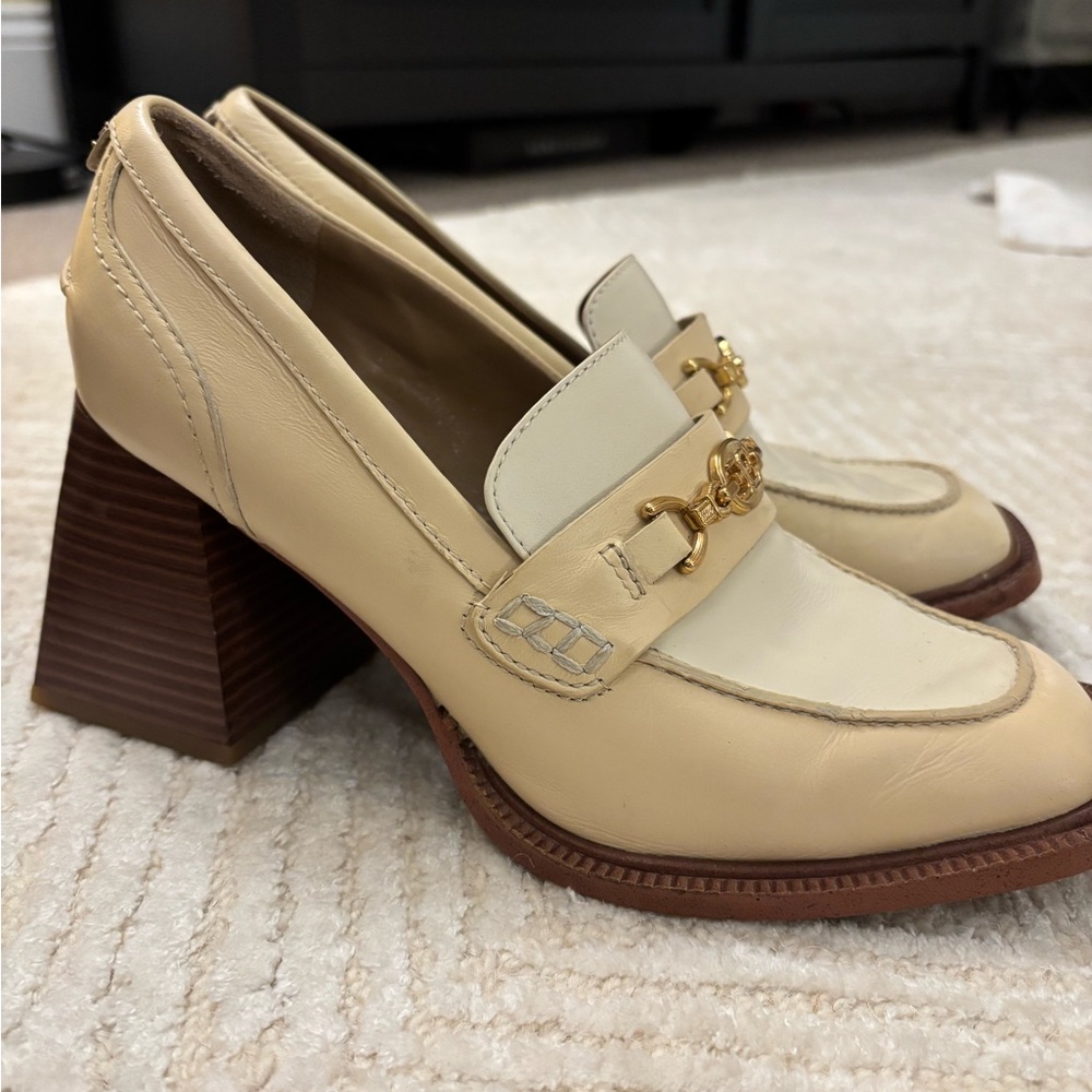 Elegant Cream Leather Block Heel Loafers